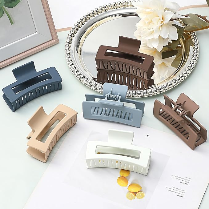 Sisiaipu Hair Clip, 3.5 Inch Medium Hair Claw Clips 6 Pack for Women - Brown, Blue, Beige, White, Square, Rectangle, Banana, Jaw Styles