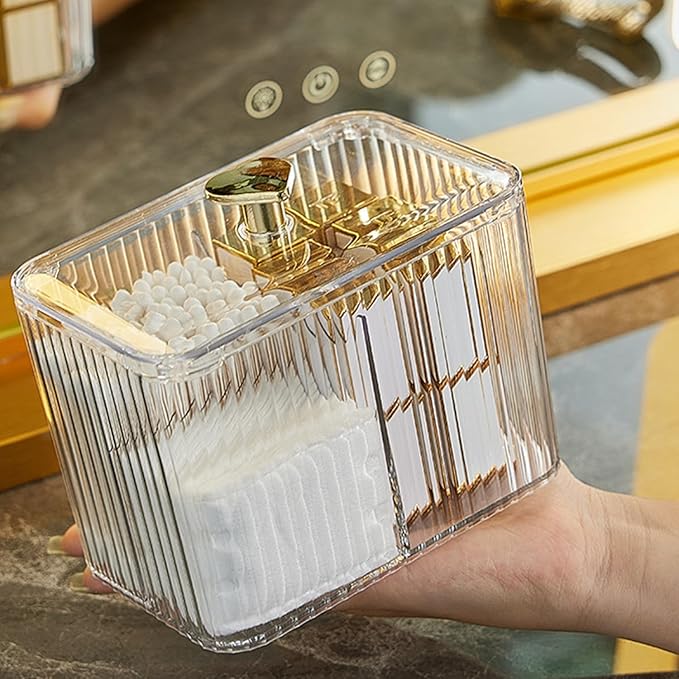 WIWIUXY Qtips Holder Bathroom Container,3-Section Cotton Ball/Swabs Dispenser,3 Grids Apothecary Jar Organizer, Cosmetics Storage for Vanity