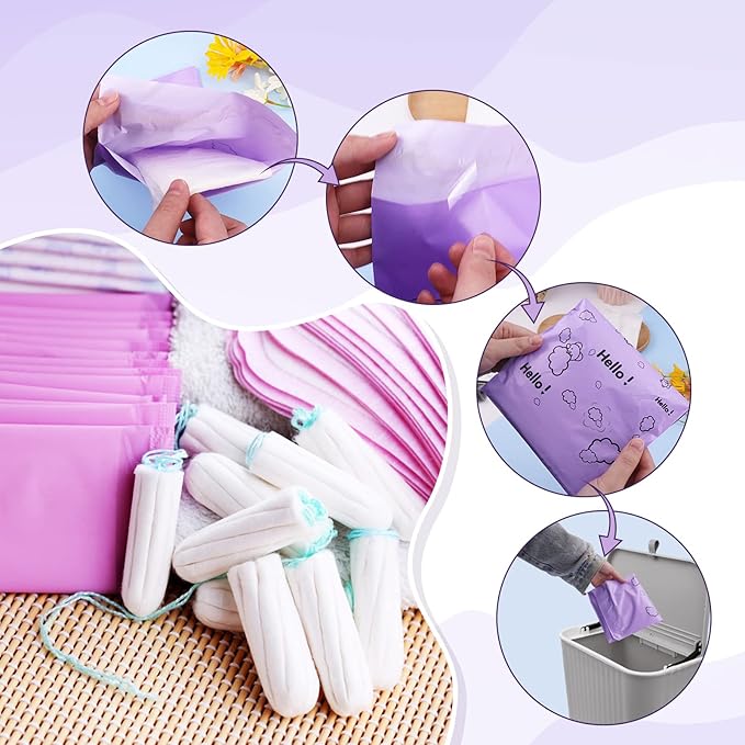Purple Opaque Feminine Hygiene Disposal Bags - Pack of 100, 7x12inches, Suitable for Tampons and Sanitary Liners - Includes Storage Bag
