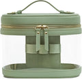 Popvibe Travel Makeup Case Clear Vanity Bag with Brush Holder, Compact Leather Train Case Sage Green Make Up Bag Storage Organizer Luxury Cosmetic Case Travel Essentials Cute Portable with Handle