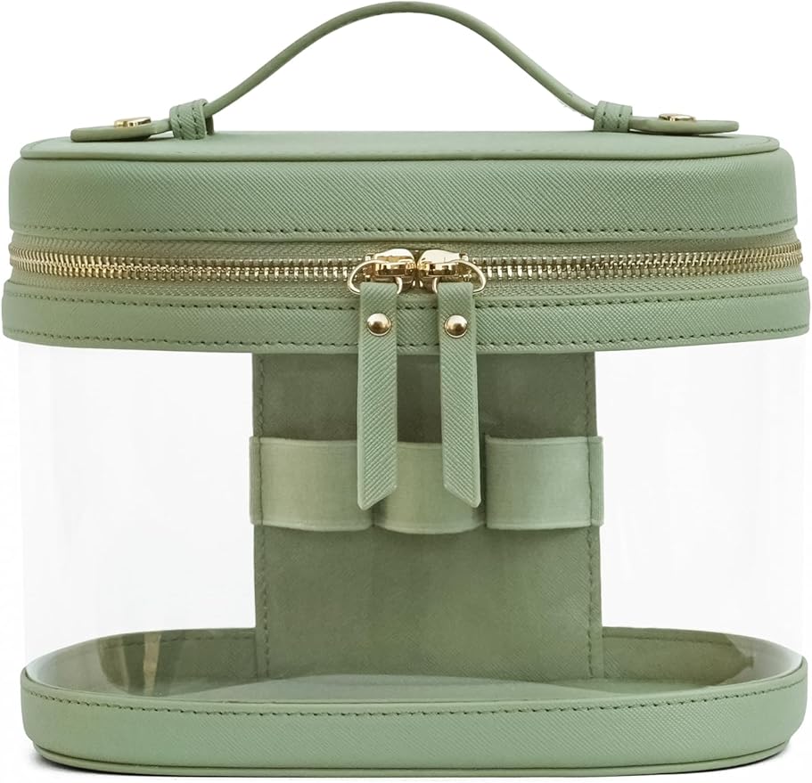 Popvibe Travel Makeup Case Clear Vanity Bag with Brush Holder, Compact Leather Train Case Sage Green Make Up Bag Storage Organizer Luxury Cosmetic Case Travel Essentials Cute Portable with Handle