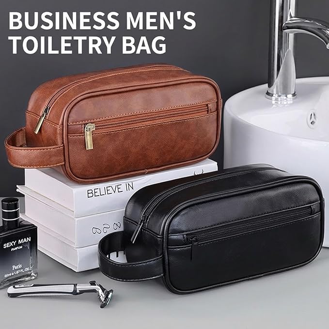 Men’s Toiletry Bag - Vintage PU Leather Kit for Travel - Water-Resistant Shaving Bag,Compact Pouch Gift for Husband, Dad (Brown)