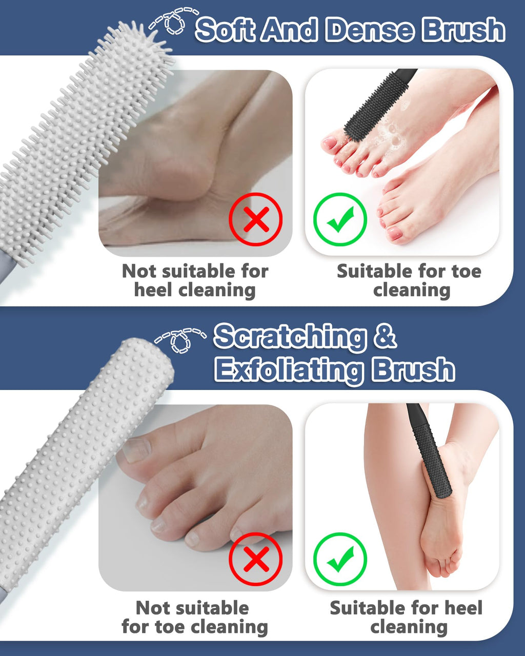 2 Pack Toe Cleaning Brush,15.7" Long Handle Silicone Foot Scrubber Bath Brush Bathroom Cleaner for Seniors Elderly Men and Women (Grey)