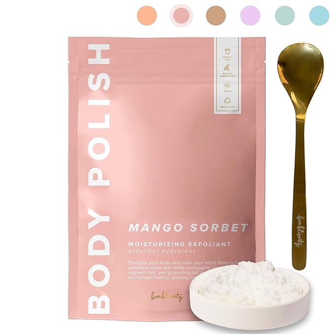 Bonblissity Body Polish, 8oz. - Mango Sorbet Scented Body Scrub Exfoliator for Women, Exfoliating Sugar Scrub To Lotion Moisturizer, Gentle Exfoliant for Dry and Sensitive Skin, Handmade in USA