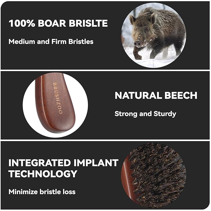 O BRUSHZOO Hair Brush for Men, 100% Boar Bristle Hair Brush for Short Fine Thin Hair Detangle Add Natural Shine & Beard
