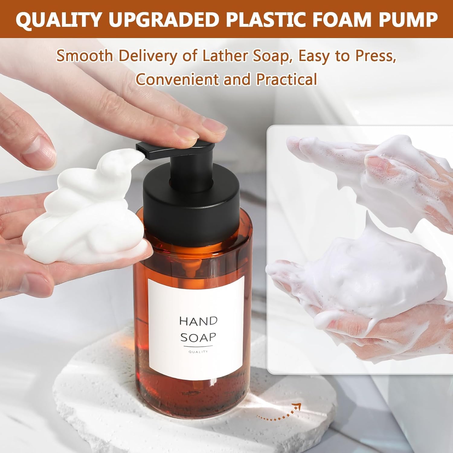 RYTOXILO Amber Foam Soap Dispenser, 10 oz/300ml Glass Foaming Soap Dispenser, 2 Pcs Foaming Hand Dispenser for Bathroom & Kitchen, Refillable Bottle with Waterproof Labels