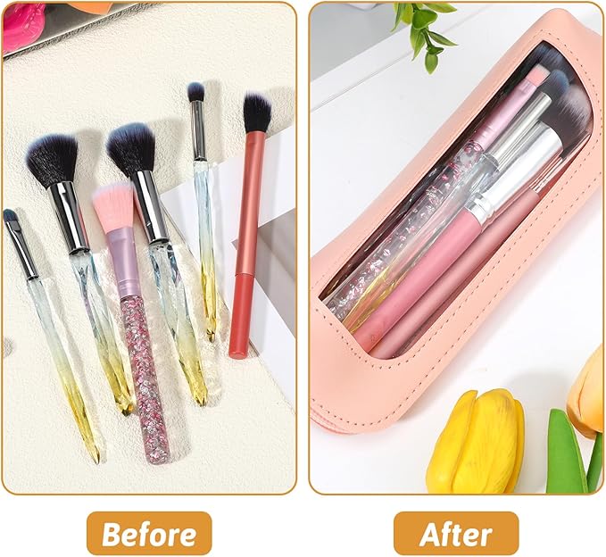 Kifmurase 2Pcs Clear Makeup Brush Bag, Leather Slim Makeup Case, Portable Transparent Waterproof Cosmetic Pouch with Zipper, Double Sided Clear Bag for Women Travel Storage (White, Pink)