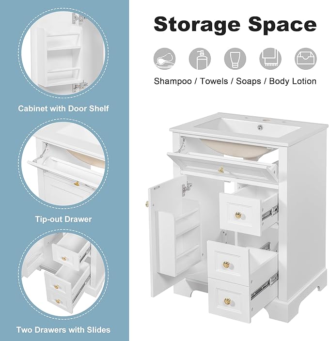 Harper & Bright Designs 24" Bathroom Vanity with Sink, Free Standing Bathroom Vanity Set with Flip Drawer, 2 Drawers, and Storage Rack, Wood Storage Cabinet with Ceramic Basin for Bathroom, White