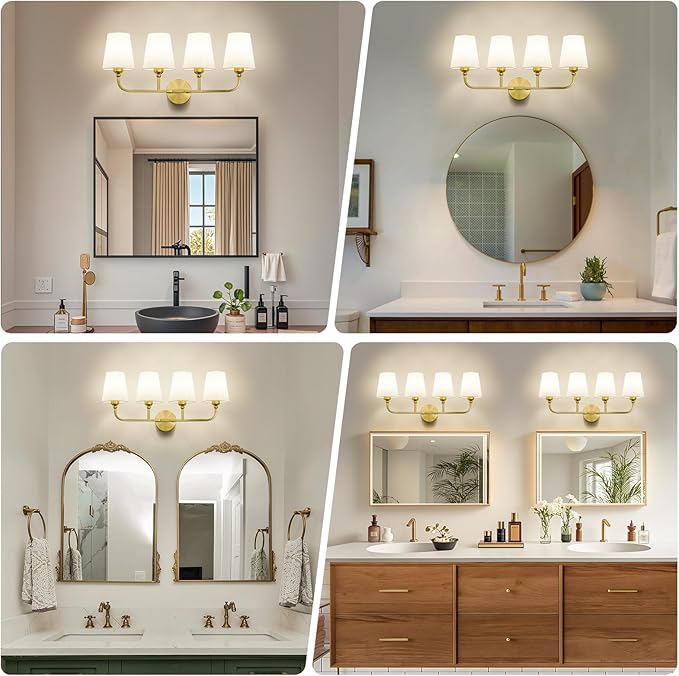 Bathroom Vanity Light, Brushed Gold Bathroom Light Fixtures, 4-Light Lighting Fixtures Over Mirror, Modern Wall Sconce with Flared White Fabric Shade, E26 Socket(ETL Listed)