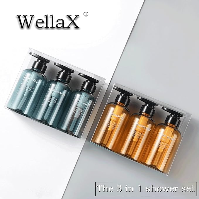 3pcs Refillable Shampoo and Conditioner Bottles, 16.9oz/500ml Shampoo Conditioner Body Wash Dispenser for Hotel Bathroom, 3pcs Plastic Shampoo Bottles with Pump (Amber)