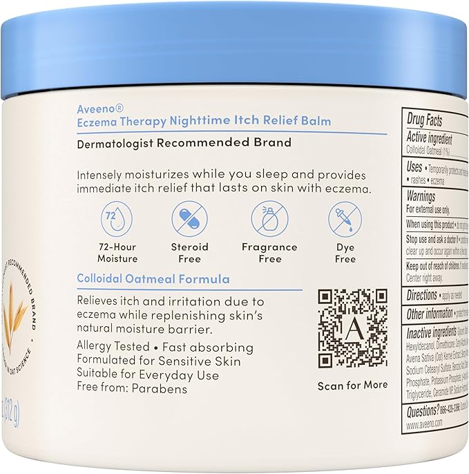Aveeno Eczema Therapy Nighttime Itch Relief Balm, Colloidal Oatmeal Formula Instantly Soothes Itchy, Eczema-Prone Skin, Moisturizing Balm for Sensitive Skin, Steroid- & Fragrance-Free, 11 oz