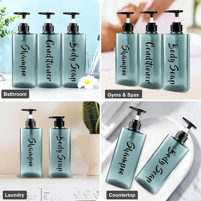 AUMIO 16.9oz Shampoo Dispenser for Shower (3 Pack) - Refillable Shampoo and Conditioner Bottles with Pump, Empty Clear Blue Plastic Body Wash Container Set, Printed Shower Soap Dispensers for Bathroom