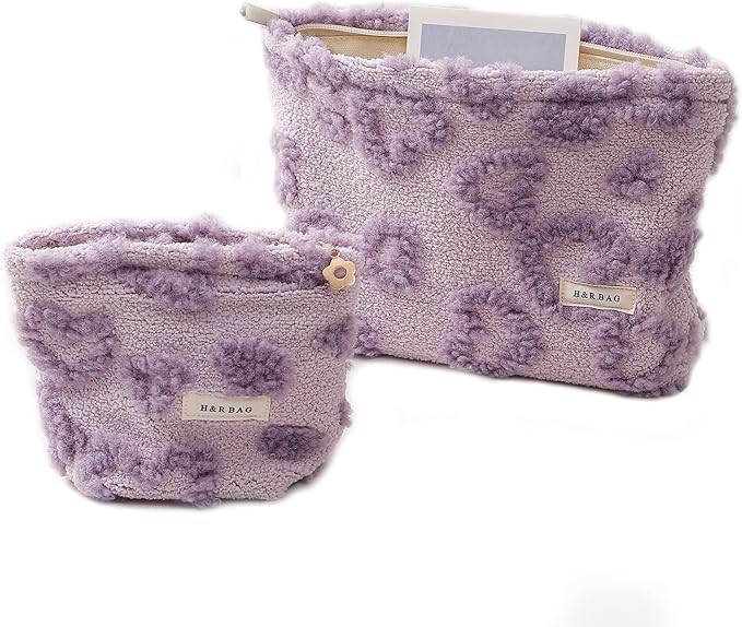 getgto 2 Pcs Makeup Bags, Large Cosmetic Bag Travel Toiletry Bag Organizer for Women, Plush Makeup Bag Small Cosmetic Pouch Purse with Zipper Gifts for Girls Teen