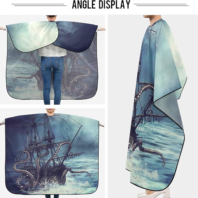 visesunny Barber Cape Octopus And Pirate Ship Black Pattern Polyester Hair Cutting Salon Cape Apron Anti-Static Haircut Shaving Cloth Beard Shaving Bib Hairdressing Cape
