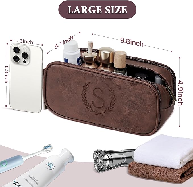 Janhavi Personalized Toiletry Bag for Men, Gifts for Boyfriend, Toiletry Bag For Shower Caddy,Personalized Initials & Wheat Mens Toiletry Travel Bag Travel Essentials for Men(Medium, Dark Brown, J)