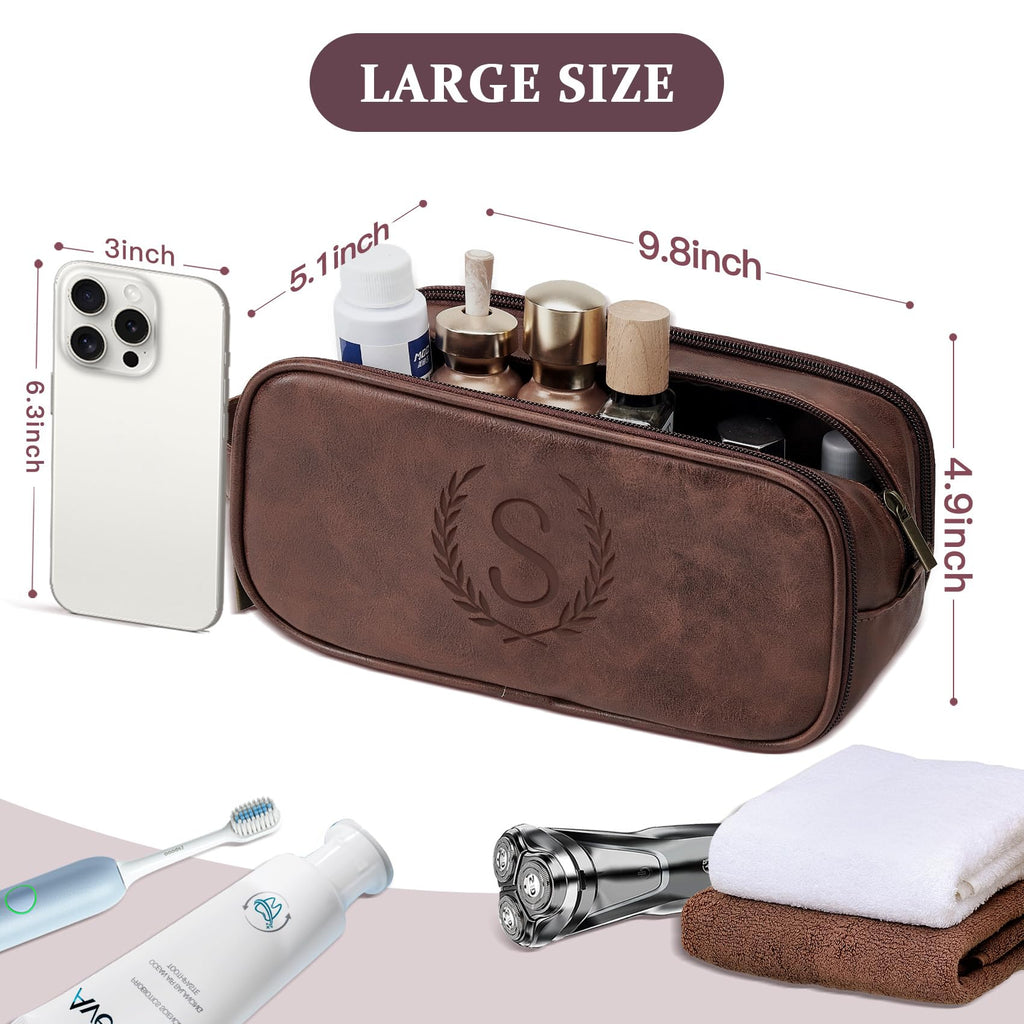 Travel Toiletry Bag For Mens PU Leather Engraved Initials (Dark Brown M)