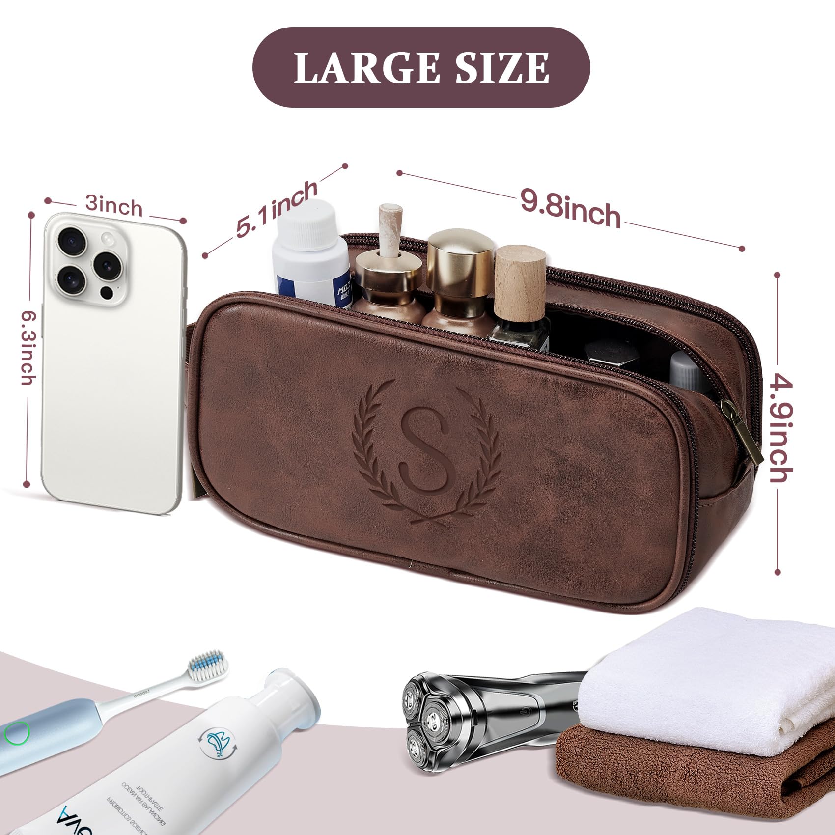 Travel Toiletry Bag For Mens PU Leather Engraved Initials (Dark Brown Q)