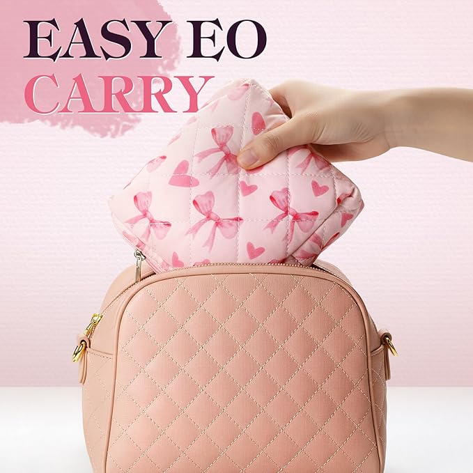 Paterr 4 Pcs Mini Quilted Makeup Bag Cute Pink Bow Cosmetic Bag Coquette Quilted Makeup Pouch with Zipper Cute Travel Toiletry Bags for Women Girls Back to School Teacher Students Gifts