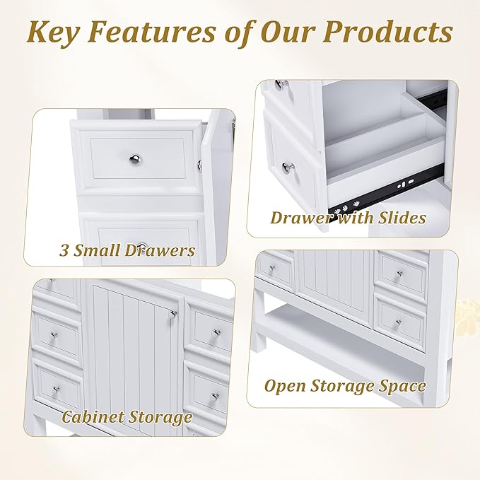 Montary 36" Bathroom Vanity Without Sink, Modern Stylish White Bathroom Storage Cabinet MDF, Freestanding Vanity with One Cabinet and Three Drawers, White (NOT Include Sink)