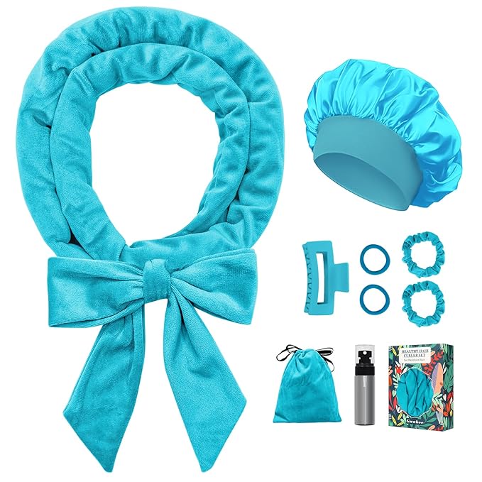 Gwabee Heatless Curls Overnight Hair Curler, 70" Soft Hair Curlers to Sleep In No Heat Curls Overnight, 9 PCS No Heat Curlers Set for Women - Blue