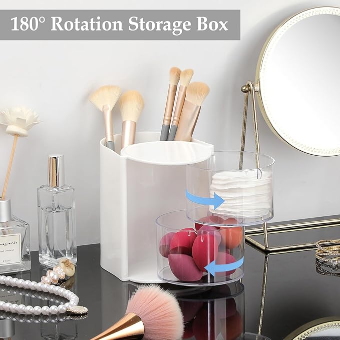 GUSHBIN Hair Accessories Organizer with Hair Brush Holder Rotating Makeup Storage Container Plastic Desktop Storage Organizer for Hair Clip Tie, 2-Layer White