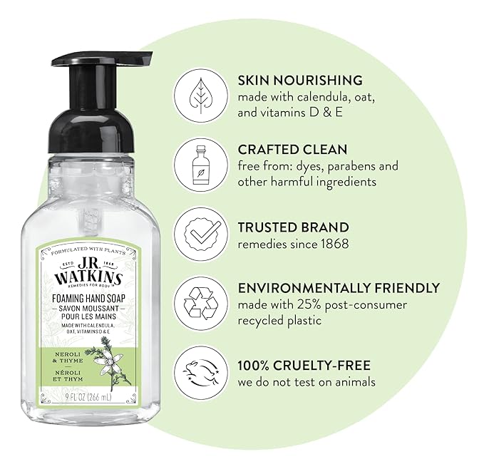 J.R. Watkins Foaming Hand Soap with Pump Dispenser, Moisturizing Foam Hand Wash, Alcohol-Free, Cruelty-Free, Néroli et Thym/Neroli and Thyme, 9 fl oz, 3 Pack
