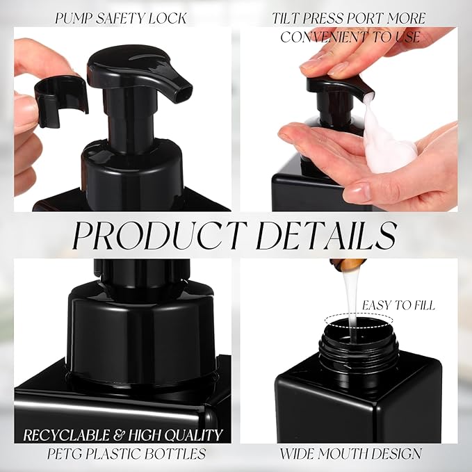 Domensi Foaming Soap Dispenser 8.5 oz Foam Pump Bottle Bulk Empty Travel Foaming Dispenser Refillable Hand Soap Plastic Pump Bottle Travel Clear Container for Bathroom Vanities(12 Pcs,Whole Black)