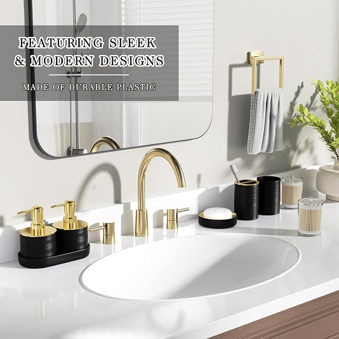 InnJoey Bathroom Set, 10PC Bathroom Accessory Set, Black Bathroom Accessories, Black and Gold Bathroom Set with Trash Can, Soap Dispensers