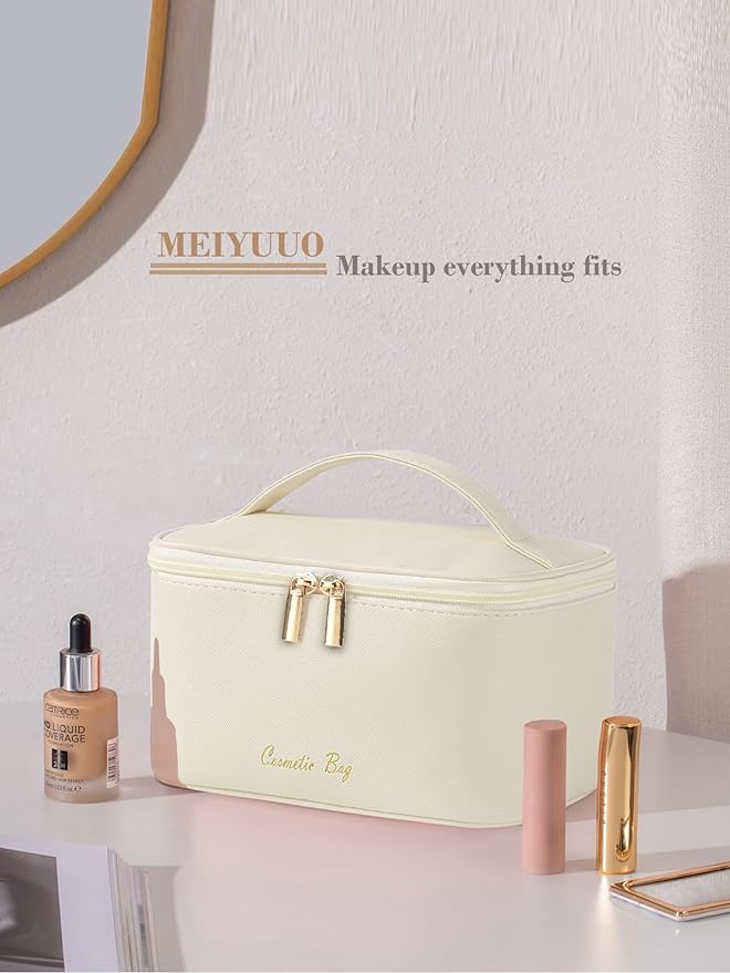 Meiyuuo Travel Makeup Bag for Women, PU Leather Cosmetic Bag, Beige
