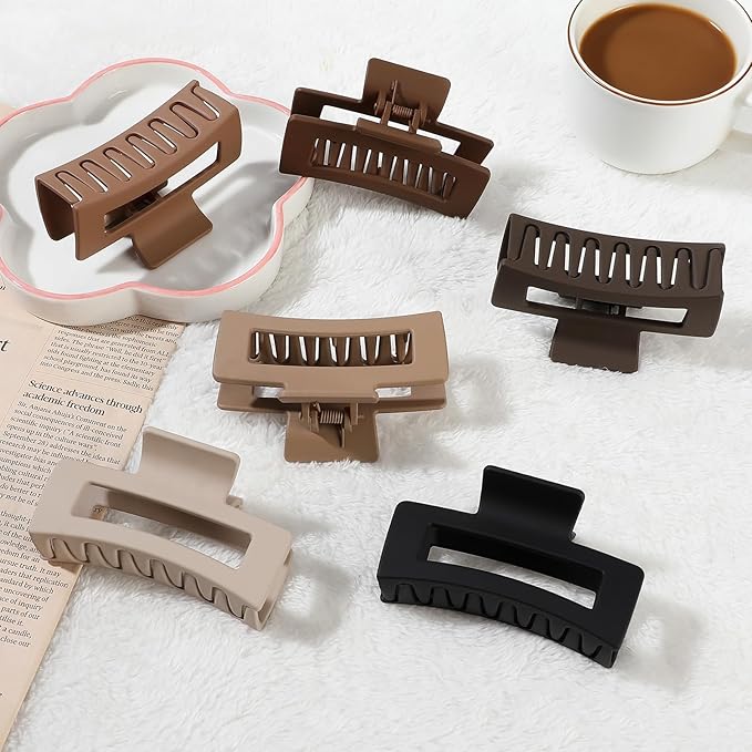 Sisiaipu 3.5 Inch Medium Hair Claw Clips 6 Pack Hair Clips for Women Square Rectangle Claw for Hair Banana Jaw Clips Hair Accessories for Girls -Coffee Brown
