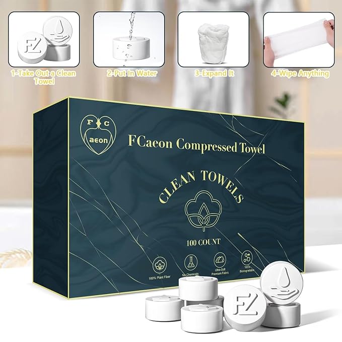 Fcaeon Compressed Towel Tablets 100 Pcs Disposable Face Towel Coin Tissue Cloths for Skincare Facial Cleansing Travel Camping Hiking Gym Workout and Emergency Cleaning Portable Washcloths(Blue)