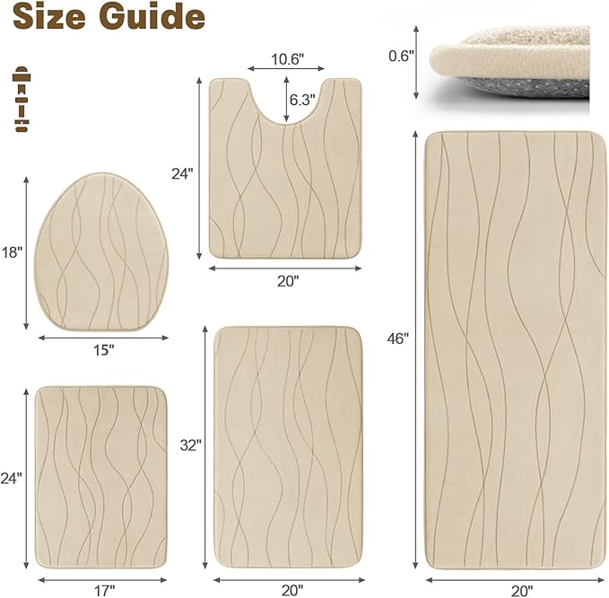 YIHOUSE Bathroom Rugs Set 5 Piece, Memory Foam Bath Mat Khaki
