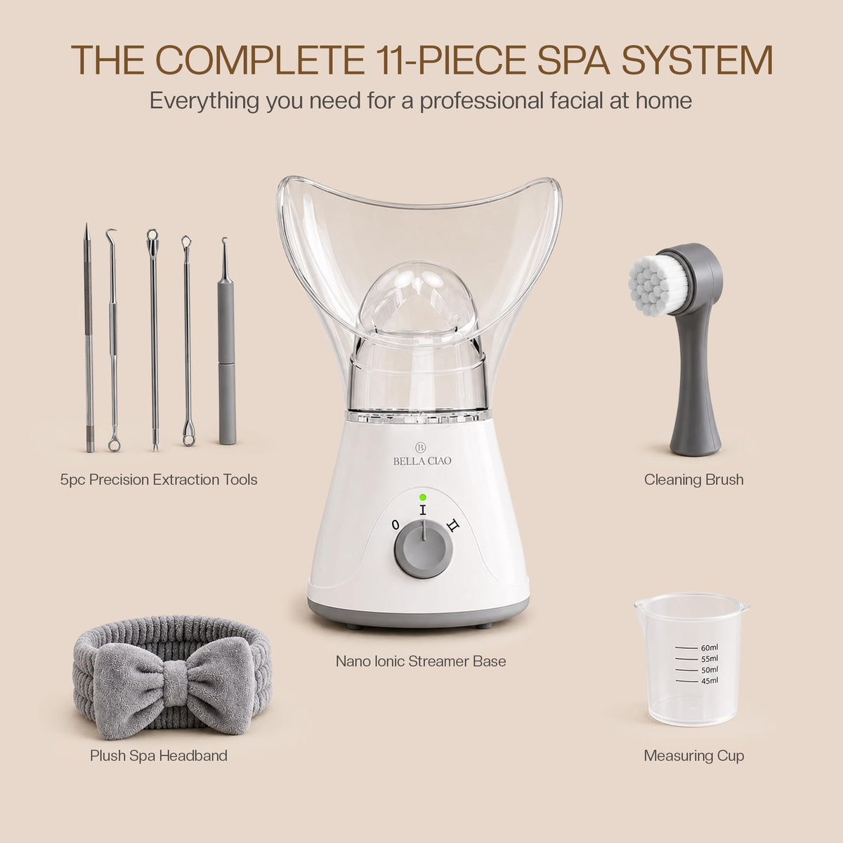 Bella Ciao Face Steamer, 11 Pc Facial Kit, Home Spa Kit, Gray/White