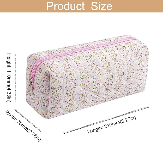 HHQQWZ Cute Floral Cotton Makeup Brush Cosmetic Bag for Women, Travel Quilted Zipper Make Up Bag, Flowers Toiletry Organizer Case Kawaii Makeup Cosmetic Travel Cloth Pouch (Pink+Pink Bowknot)