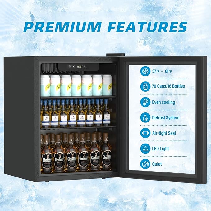Erivess Compact Freestanding Beverage Refrigerator,70 Can/ 1.6 Cubic Feet Mini Fridge with Reversible Glass Front Door for Soda, Beer or Wine, Under Counter Small Refrigerator 2 Adjustable Shelves
