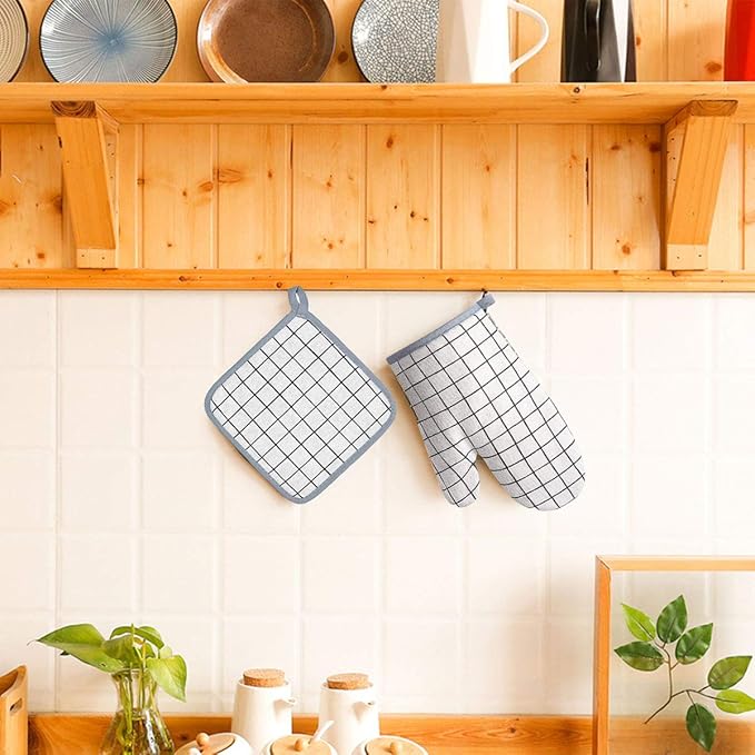 Win Change Oven Mitts and Potholders BBQ Gloves-Oven Mitts and Pot Holders with Recycled Infill Silicone Non-Slip Cooking Gloves for Cooking Baking Grilling (4-Piece Set) (White)