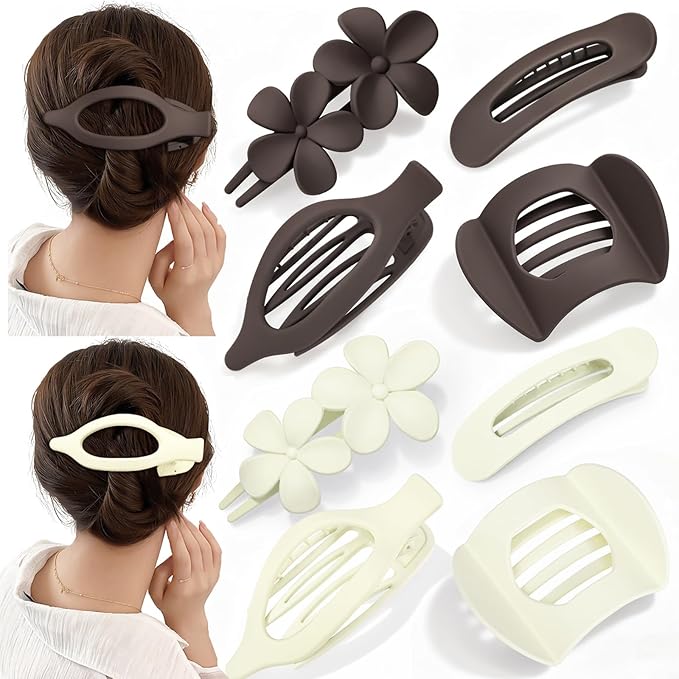 Obeoby 8 Pcs Flat Hair Clips for Women, 4 Types French Flat Claw Clips Hair Barrettes Accessories Large Medium (Beige, Dark Brown)