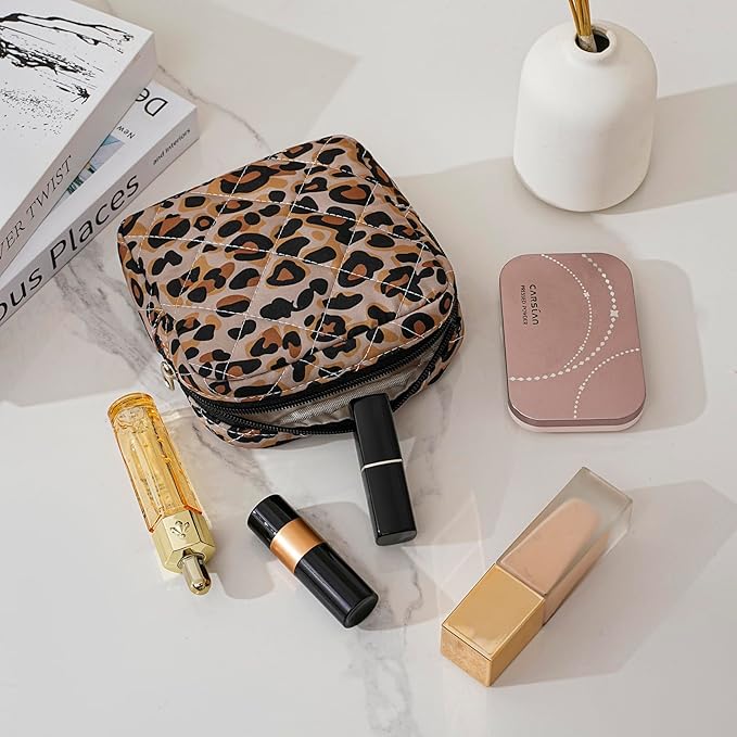 RSRSLEII Small Quilted Cosmetic Pouch for Purse, Mini Cotton Makeup Bag with Compartments, Cute Zipper Lipstick Holder for Women (22Leopard Print)