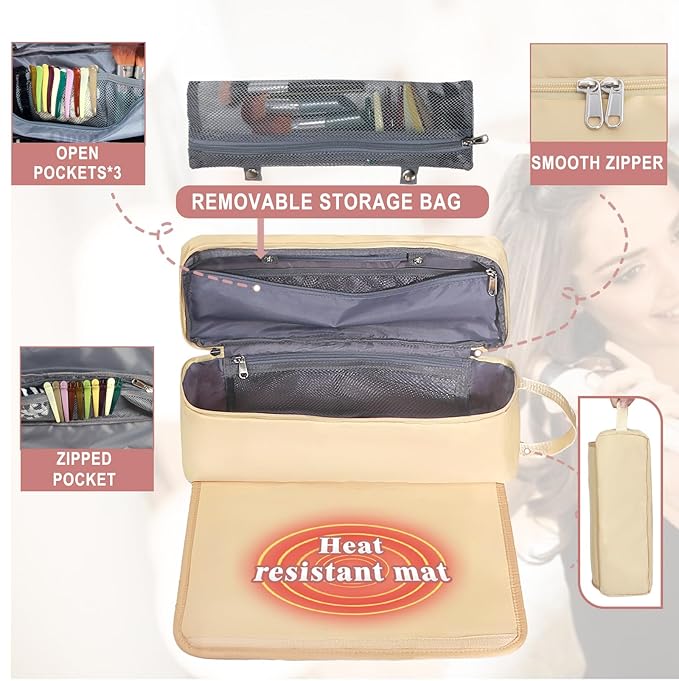 FAMOPLAY Hair Tools Travel Bag with Heat Resistant Pad, Portable Hair Tools Storage for Hair Straighteners, Curling Iron and Hair Care Accessories, Traveling Essentials for Women