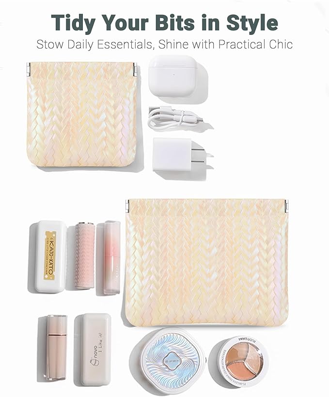 MXXUUOOM 2 Pack Small Makeup Bag for Purse Leather Cosmetic Pouch Organizer, Snap Closure Holographic Woven Makeup Bag, Mini Lipstick Coin Pouch, Travel Makeup Organizer for Women yellow