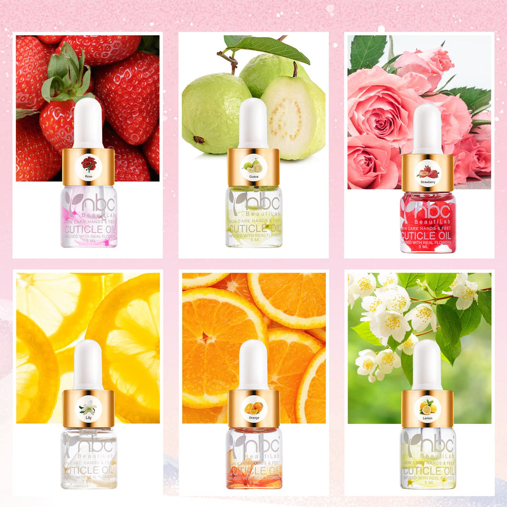 NBC BeautiLab Cuticle Oil Set - 6pcs with Flowers, Vitamin E for Nail Repair & Strengthening