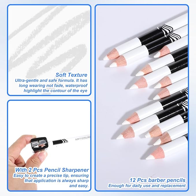 BOHUIZ 12Pcs White Barber Pencil with 2 Sharpener, Magic Hairline Pencils for Lineup Beard Shaping Beard Guide Pen Barber Chalk for Beards Hair Makeup Design for Men