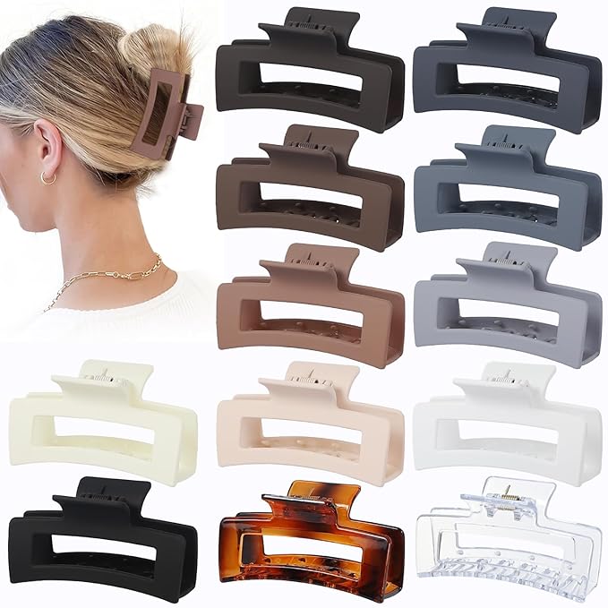 Sisiaipu 3.5 Inch Hair Clips - 12 Pcs Square Jaw Clips for Thick and Thin Hair, Rectangular Hair Accessories for Women and Girls - Neutral