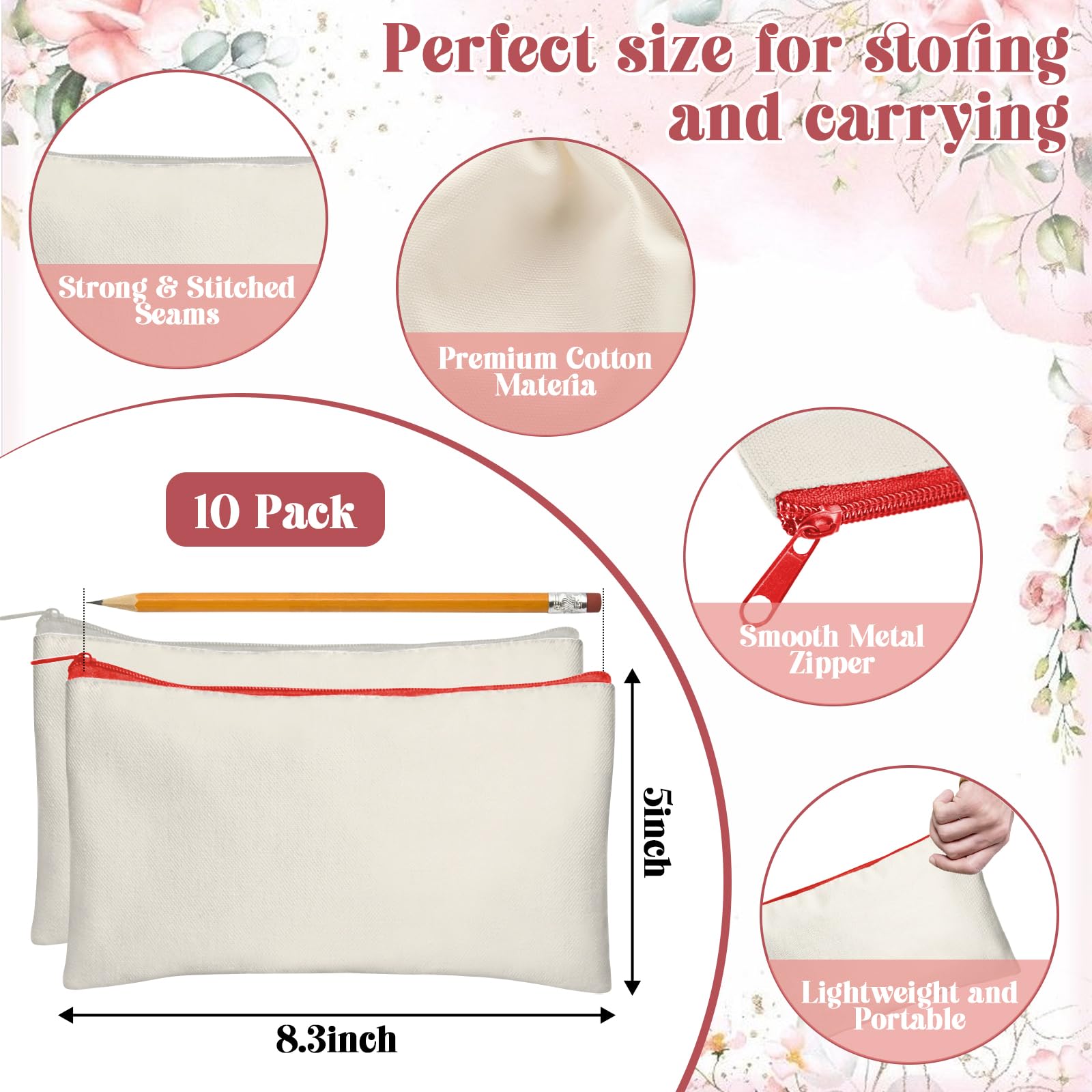 Legigo 10 Pack Blank DIY Craft Bag Canvas Pen Case Blank Makeup Bags - Canvas Pencil Bag Cotton Canvas Cosmetic Bag Multi-Purpose Travel Cosmetic Bag 8.3 × 5 Inch (10 Beige Color Zipper)