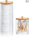 Fulushouxi 2 Pcs Qtip Holder, Cotton Pads Balls Dispenser Holders, Clear Cotton Swab Makeup Canister, Apothecary Jar Holder Organizer with Bamboo Lid for Bathroom Tabletop Vanity Makeup Storage Box