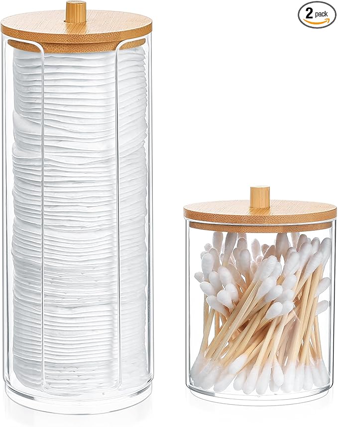Fulushouxi 2 Pcs Qtip Holder, Cotton Pads Balls Dispenser Holders, Clear Cotton Swab Makeup Canister, Apothecary Jar Holder Organizer with Bamboo Lid for Bathroom Tabletop Vanity Makeup Storage Box