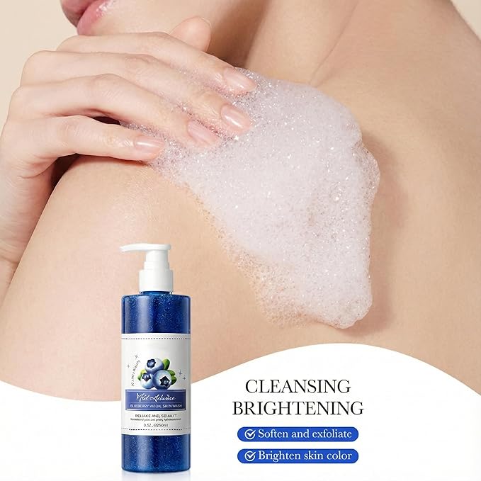 WAYFENGLI Blueberry Exfoliating Body Wash - [300ml] Antioxidant Shower Gel with Natural Seeds - Mild Body Scrub for Strawberry Legs, Dry Skin & Roughness - Sweet Berry Scent