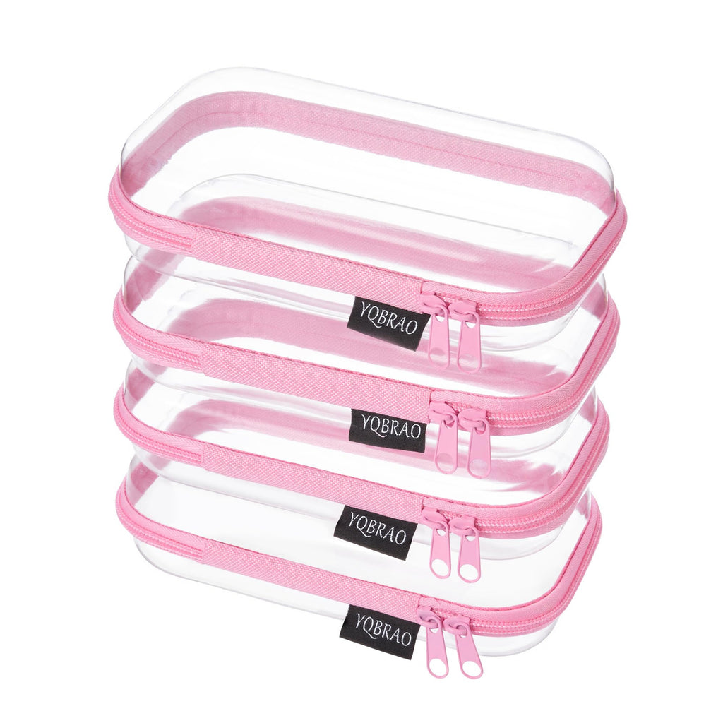 YQBRAO 4-Pack Clear Hard Shell Zipper Case, 1.2mm Ultra-Thick Diaper Bag Organizer Pouches, Rigid Self-Standing Travel Makeup Bags with YKK Zippers, TSA Approved, Pink