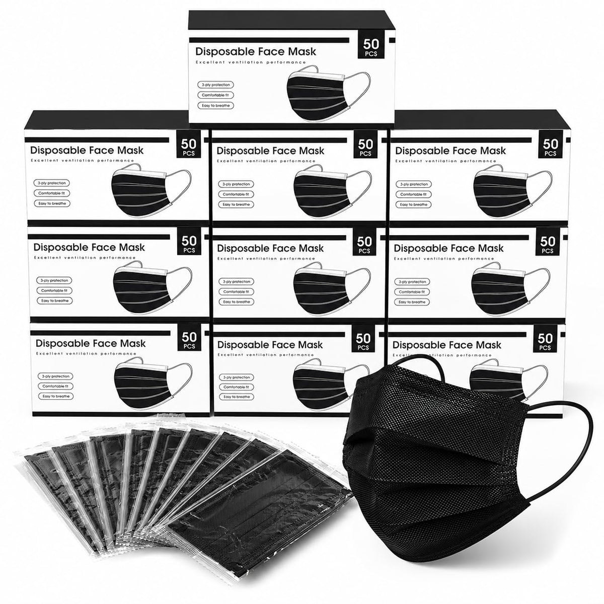 Hyegiir 500PCS Disposable Face Masks, Individually Wrapped, 3-Layer Non-Woven & Meltblown Blend, Black (500 Pack)