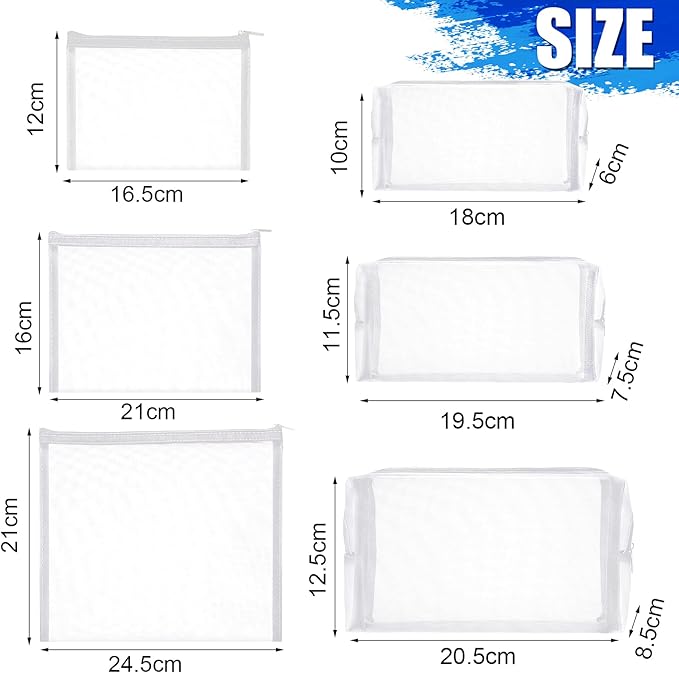 Boao 6 Pieces Mesh Makeup Bags Mesh Cosmetic Bag Portable Travel Organizing Zipper Pouch Toiletries Makeup Pouches for Home Office Travel Accessories(White)